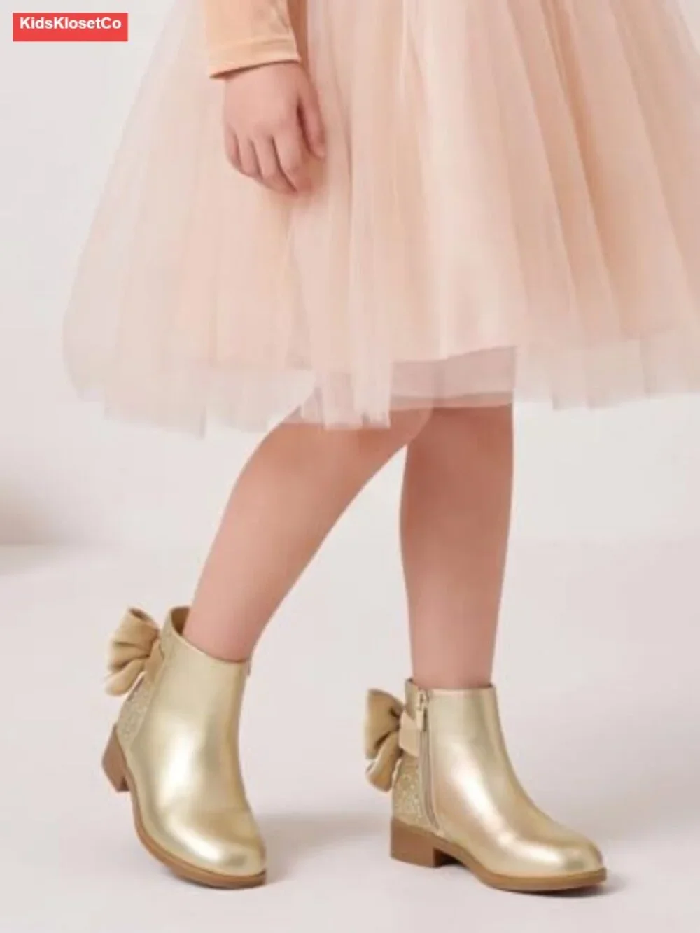 Girls Glitter Ankle Boots Faux Suede Leather Low Chunky Heel Bow Zip Dress